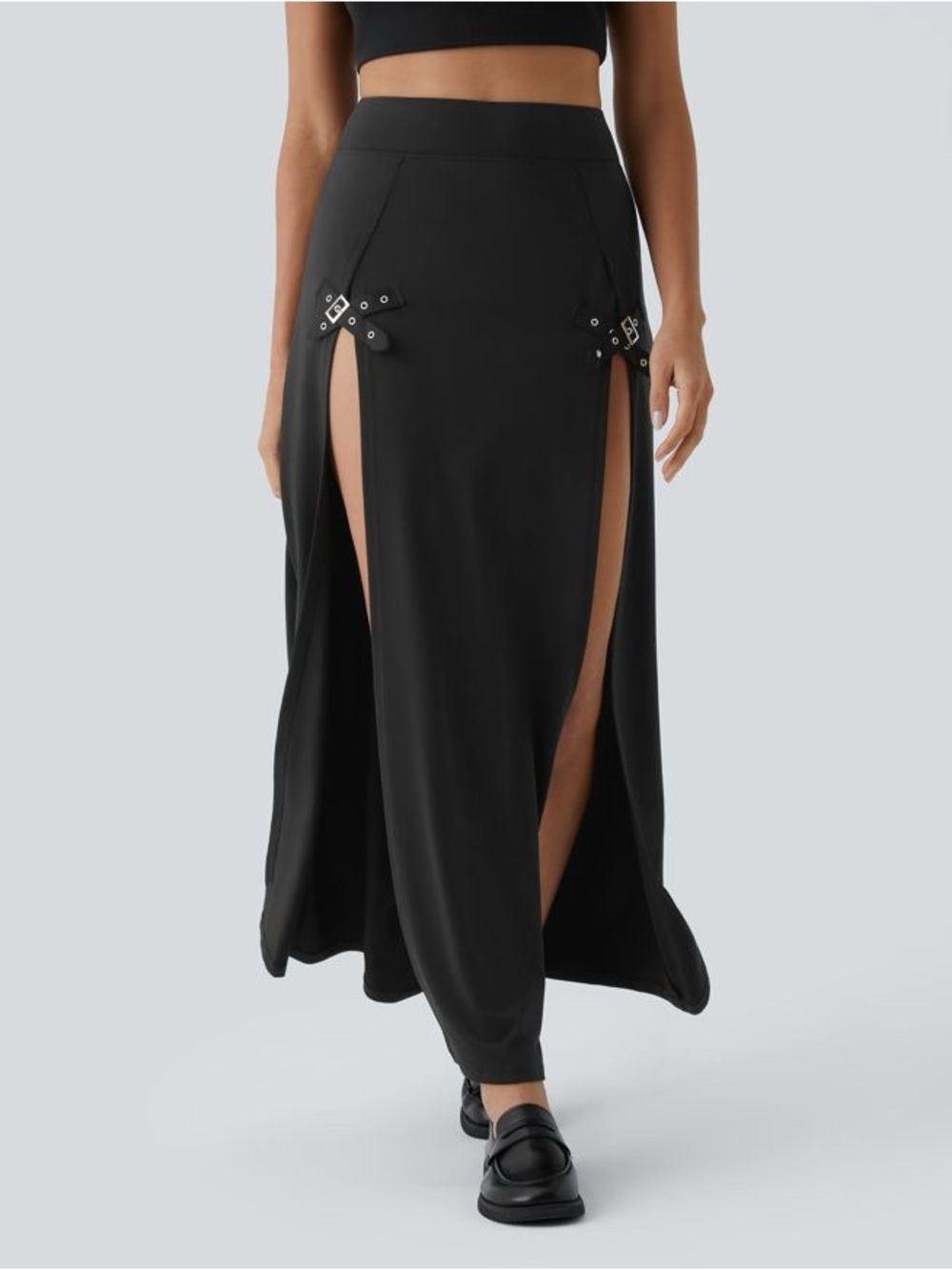 Halara High Waisted Decorative Buckle Split 2-in-1 Maxi Casual Skirt Black